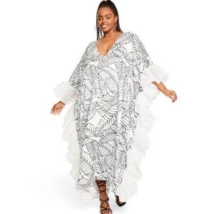 BRAND NEW Fe Noel Kaftan- Palm Leaf Print Ruffle Trim Cover Up Dress-